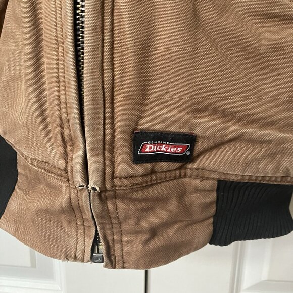 Y2K Dickies Canvas Hoodie Jacket Mens Tan Brown Distressed Utility 90s Workwear - Picture 2 of 12